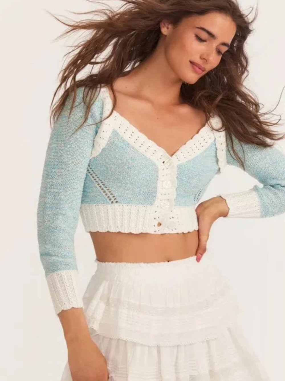 LoveShackFancy Exclusive Geneve Crop Cardigan Sweater in Cotton Candy Blue - Picture 3 of 11
